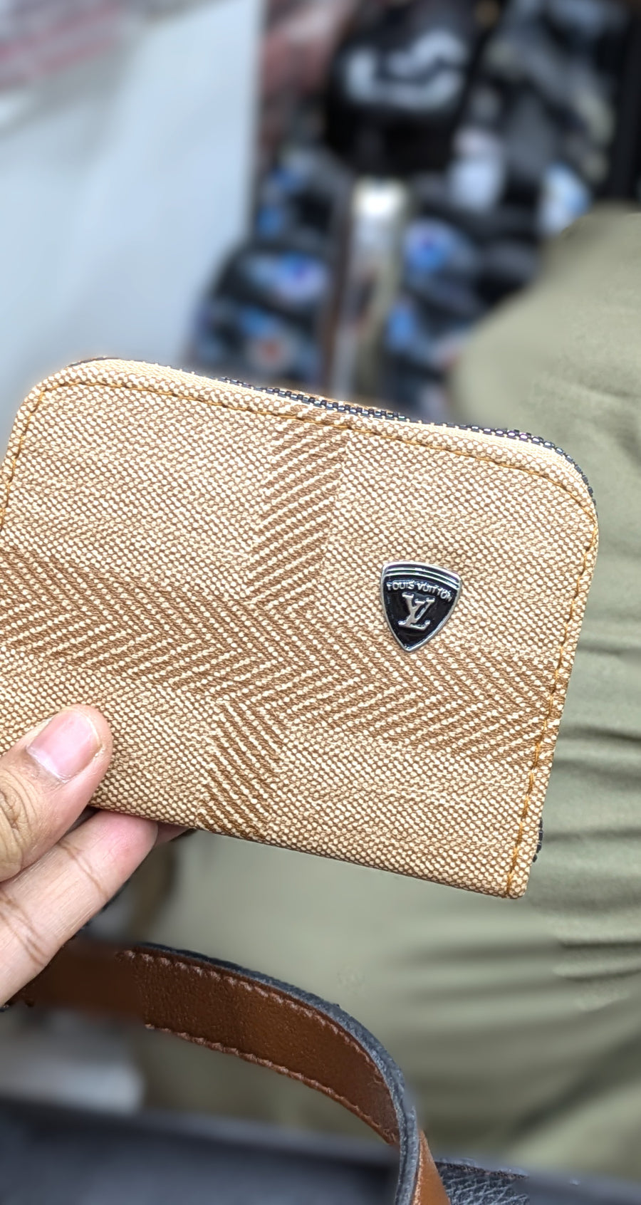 Mini Zipper Wallet for Women & Students — Camel Brown Chevron