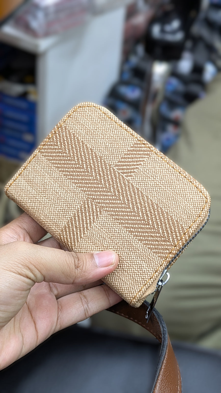 Mini Zipper Wallet for Women & Students — Camel Brown Chevron