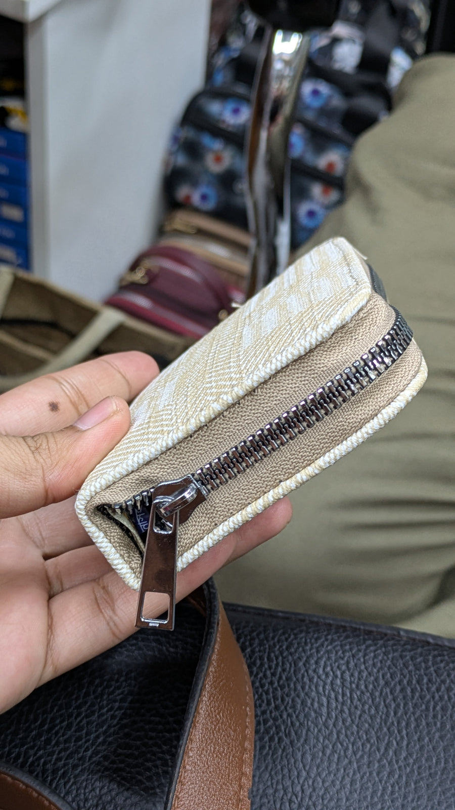 Mini Zipper Wallet for Women & Students — Ivory Herringbone