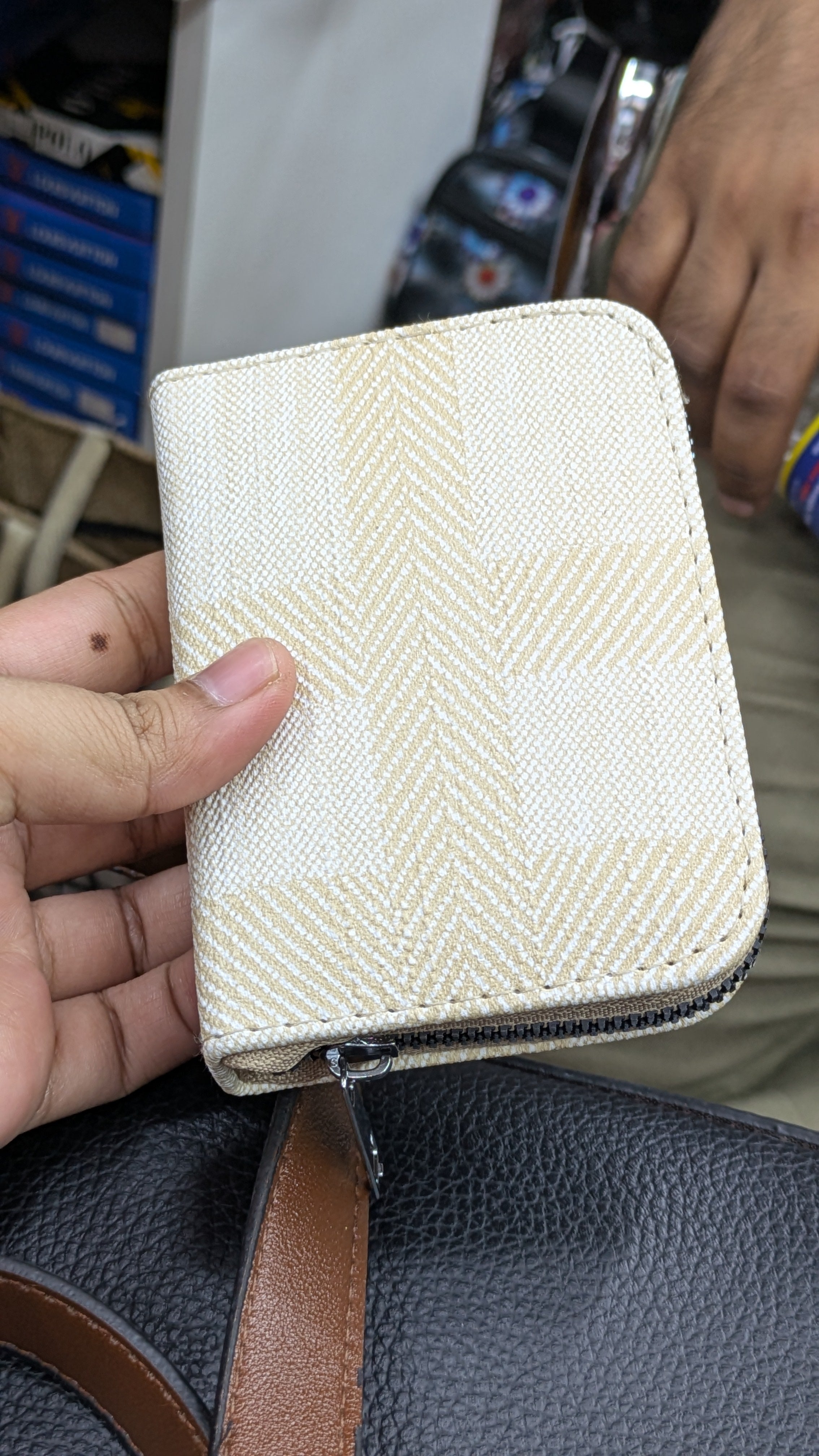 Mini Zipper Wallet for Women & Students — Ivory Herringbone