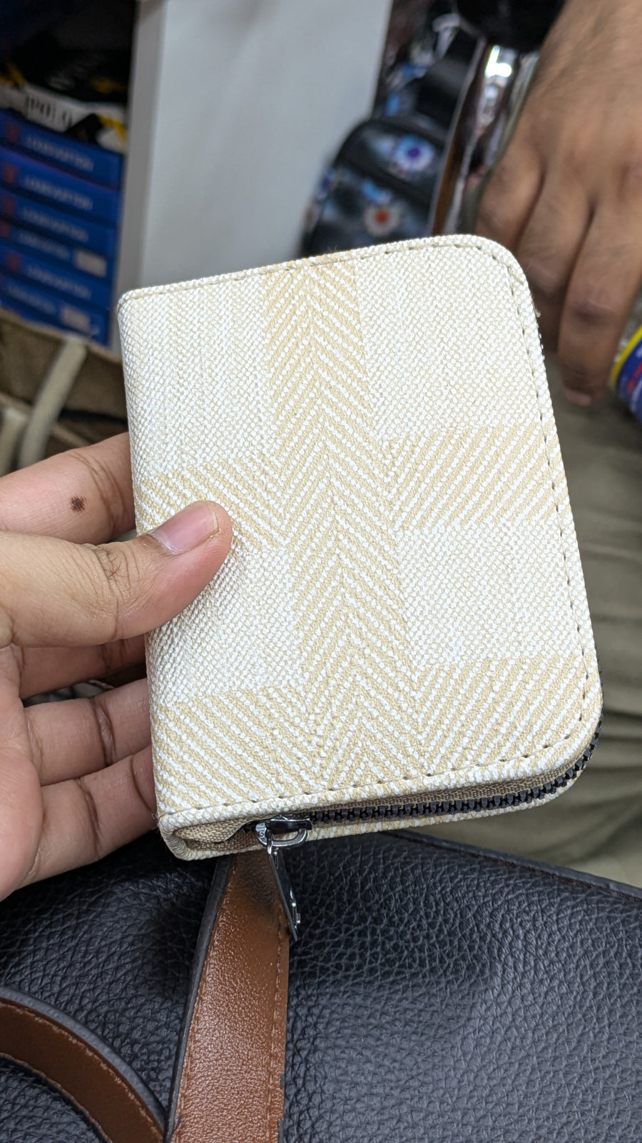 Mini Zipper Wallet for Women & Students — Ivory Herringbone