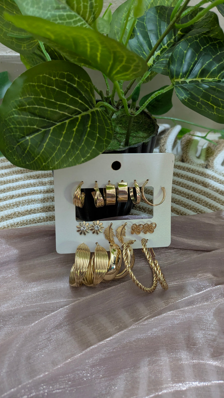 9-Pair Gold Earring Set – Vintage Hoops, Studs & Charms | One Size