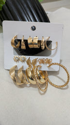 9-Pair Gold Earring Set – Vintage Hoops, Studs & Charms | One Size