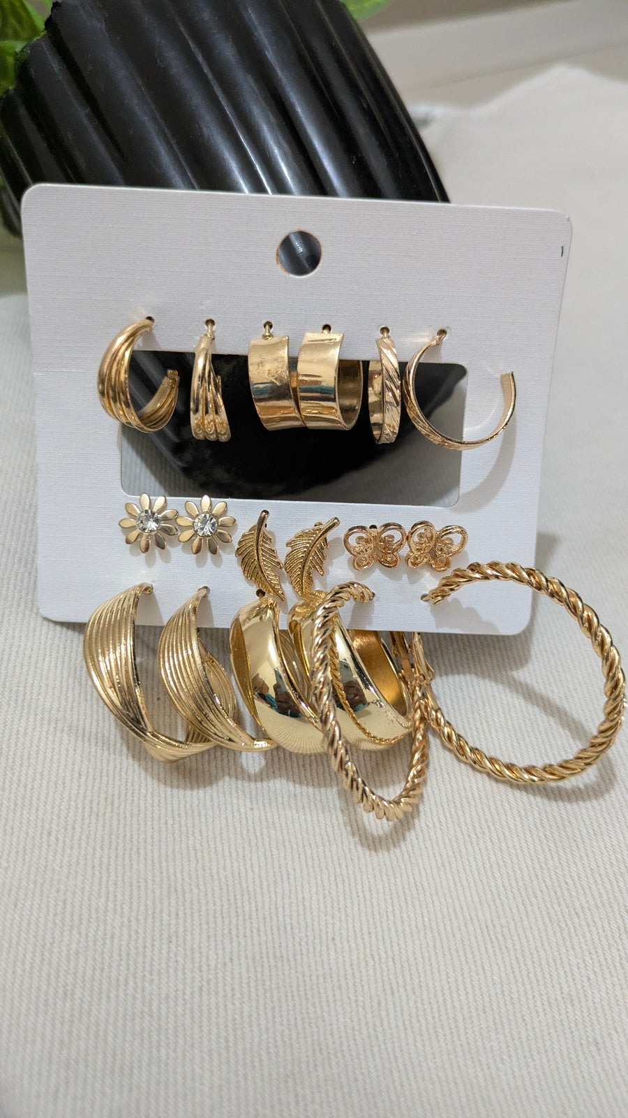 9-Pair Gold Earring Set – Vintage Hoops, Studs & Charms | One Size
