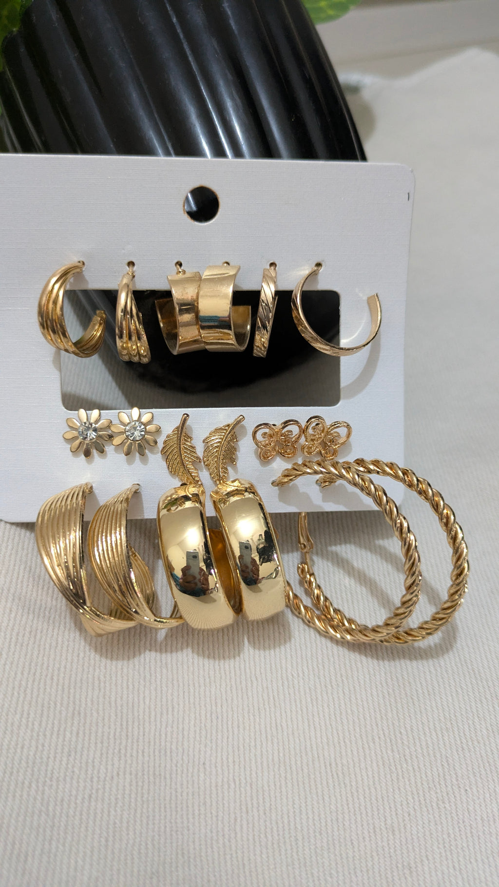 9-Pair Gold Earring Set – Vintage Hoops, Studs & Charms | One Size