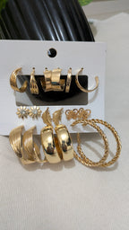9-Pair Gold Earring Set – Vintage Hoops, Studs & Charms | One Size
