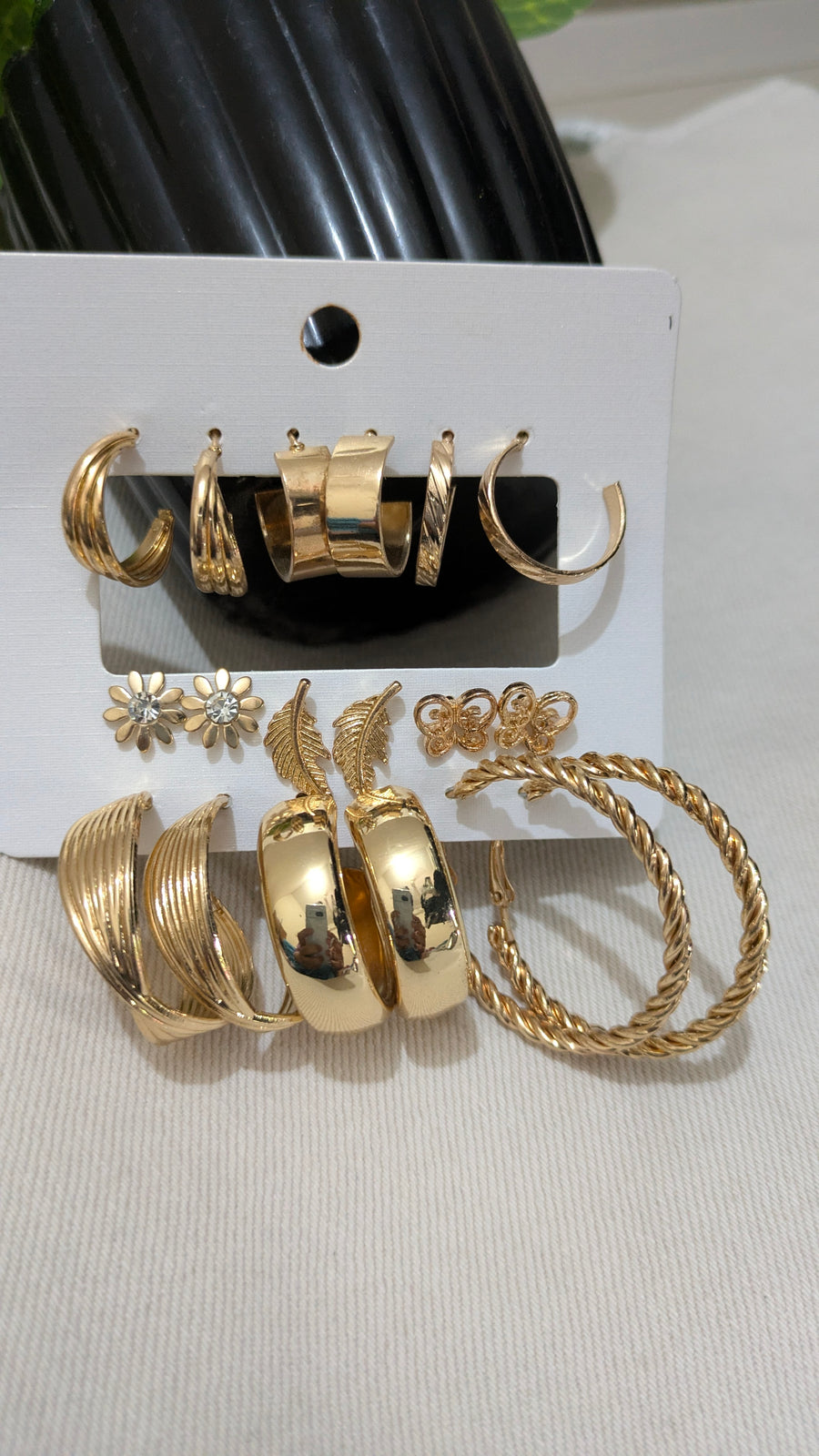 9-Pair Gold Earring Set – Vintage Hoops, Studs & Charms | One Size