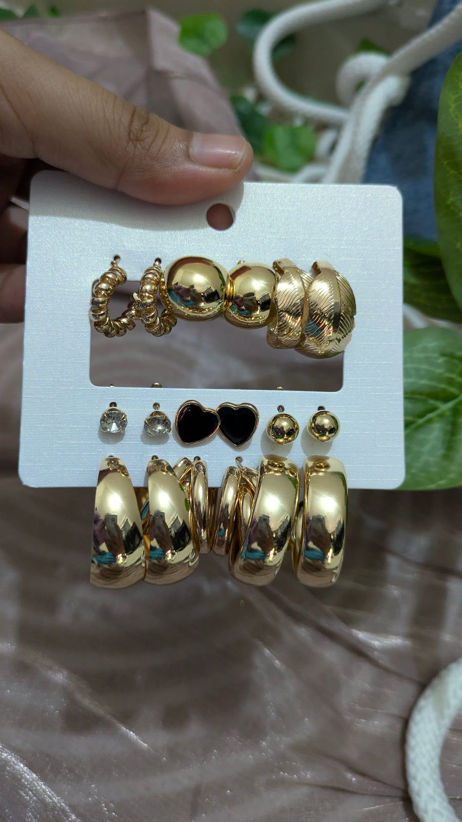 9-Pair Gold & Black Earring Set – Chunky Hoops, Studs & Clips | One Size