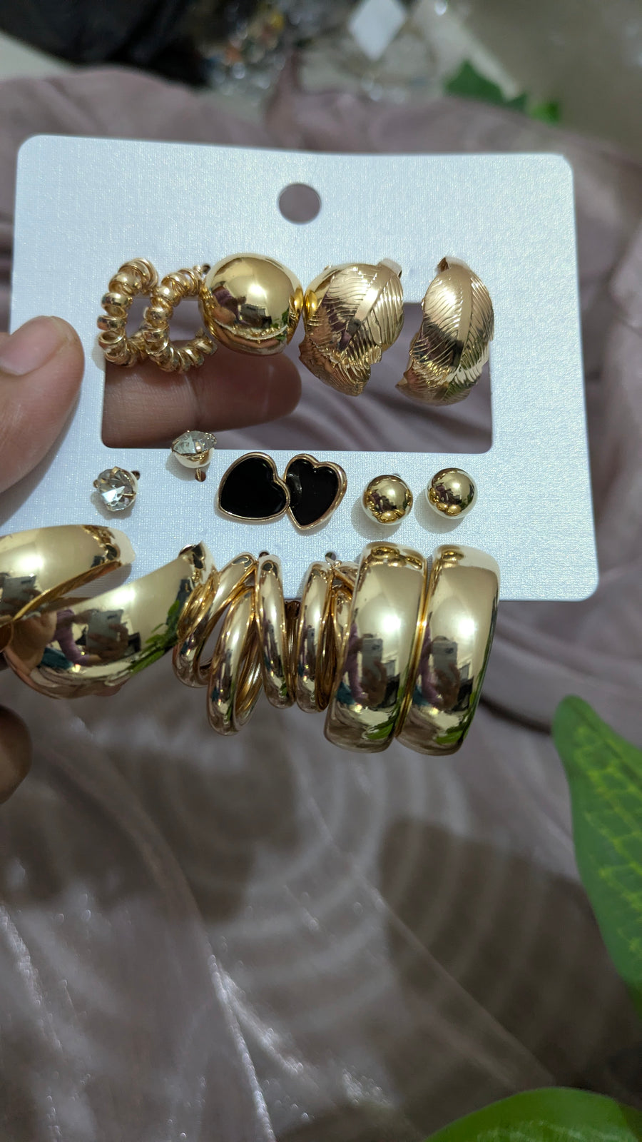 9-Pair Gold & Black Earring Set – Chunky Hoops, Studs & Clips | One Size
