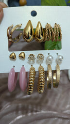 9-Pair Trendy Earring Set – Gold, Pearl & Pink Hoops | One Size