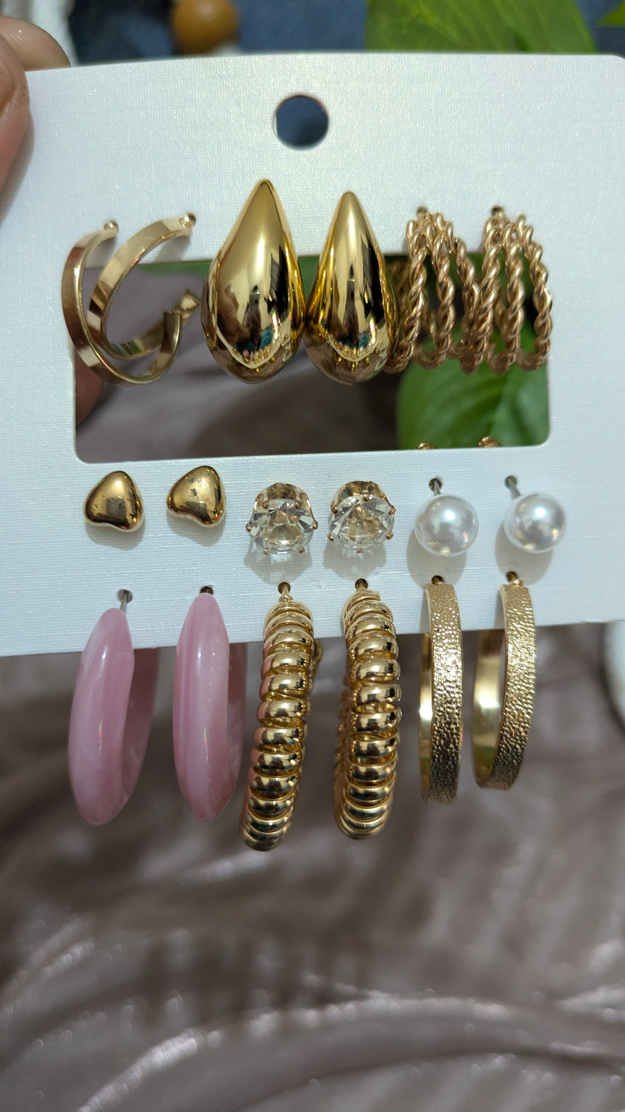 9-Pair Trendy Earring Set – Gold, Pearl & Pink Hoops | One Size