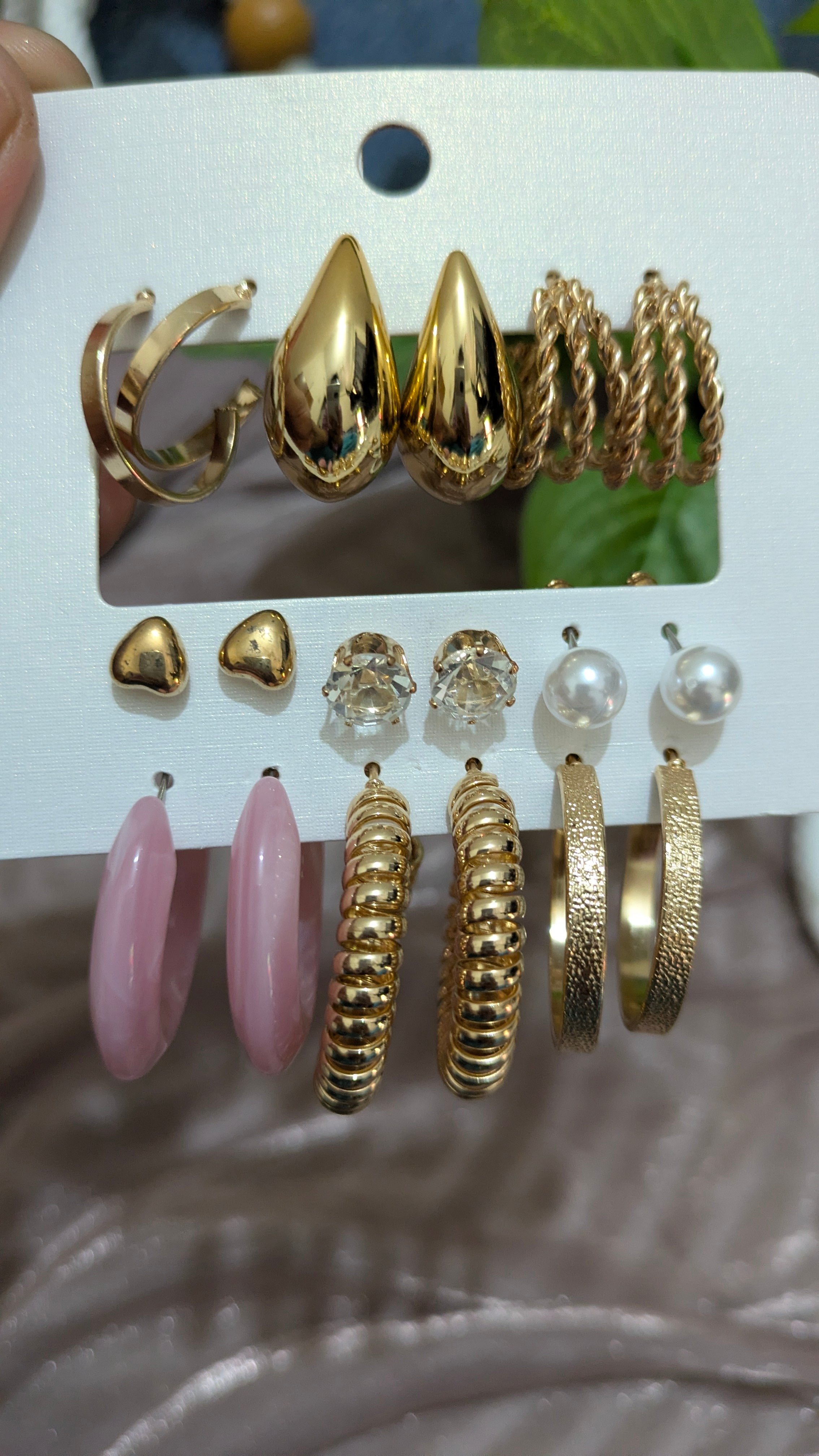 9-Pair Trendy Earring Set – Gold, Pearl & Pink Hoops | One Size