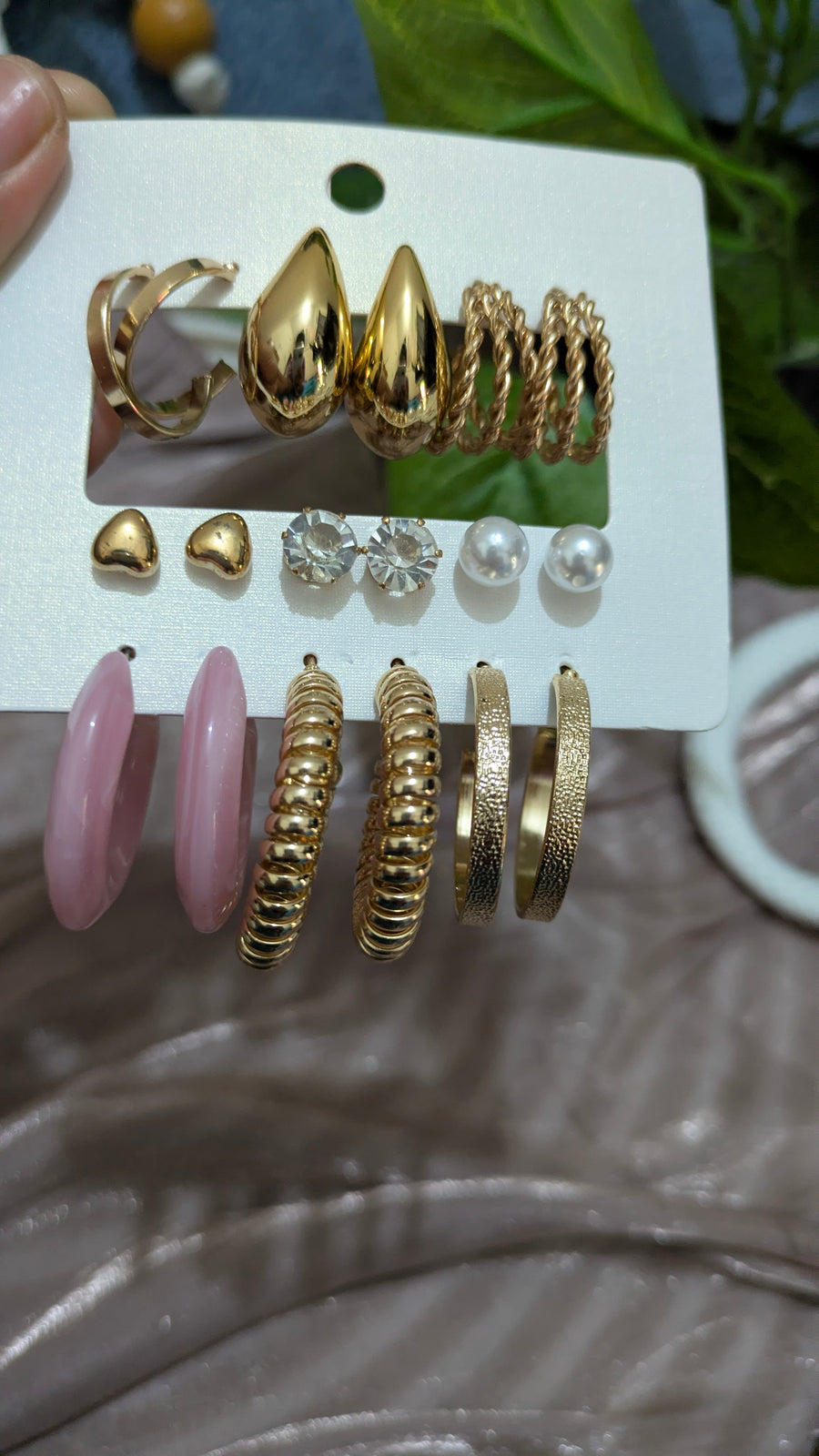9-Pair Trendy Earring Set – Gold, Pearl & Pink Hoops | One Size