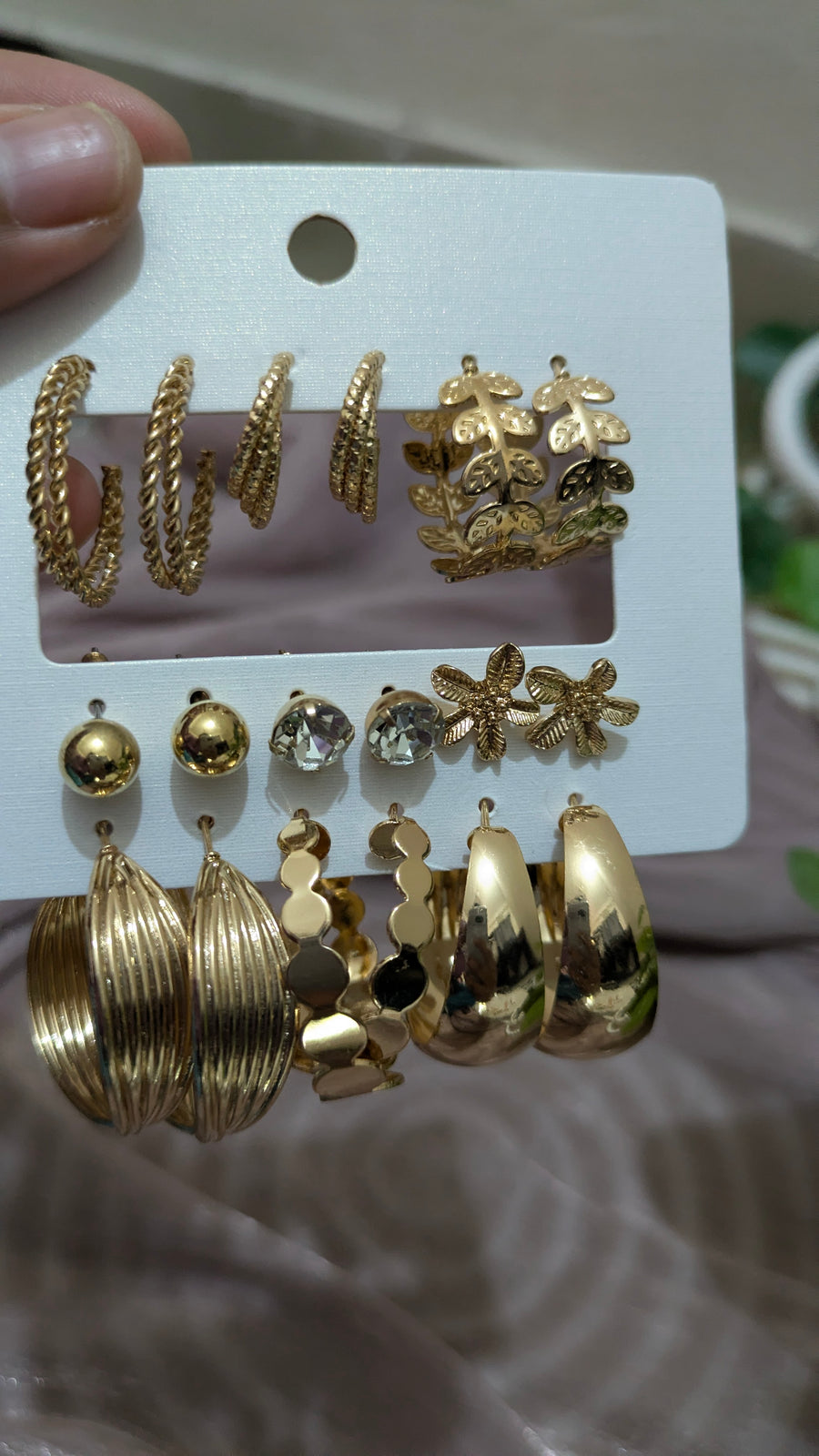 9-Pair Gold Hoop & Stud Earring Set – Vintage Mixed Styles | One Size