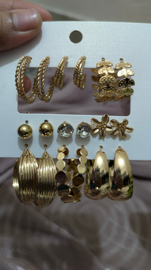 9-Pair Gold Hoop & Stud Earring Set – Vintage Mixed Styles | One Size