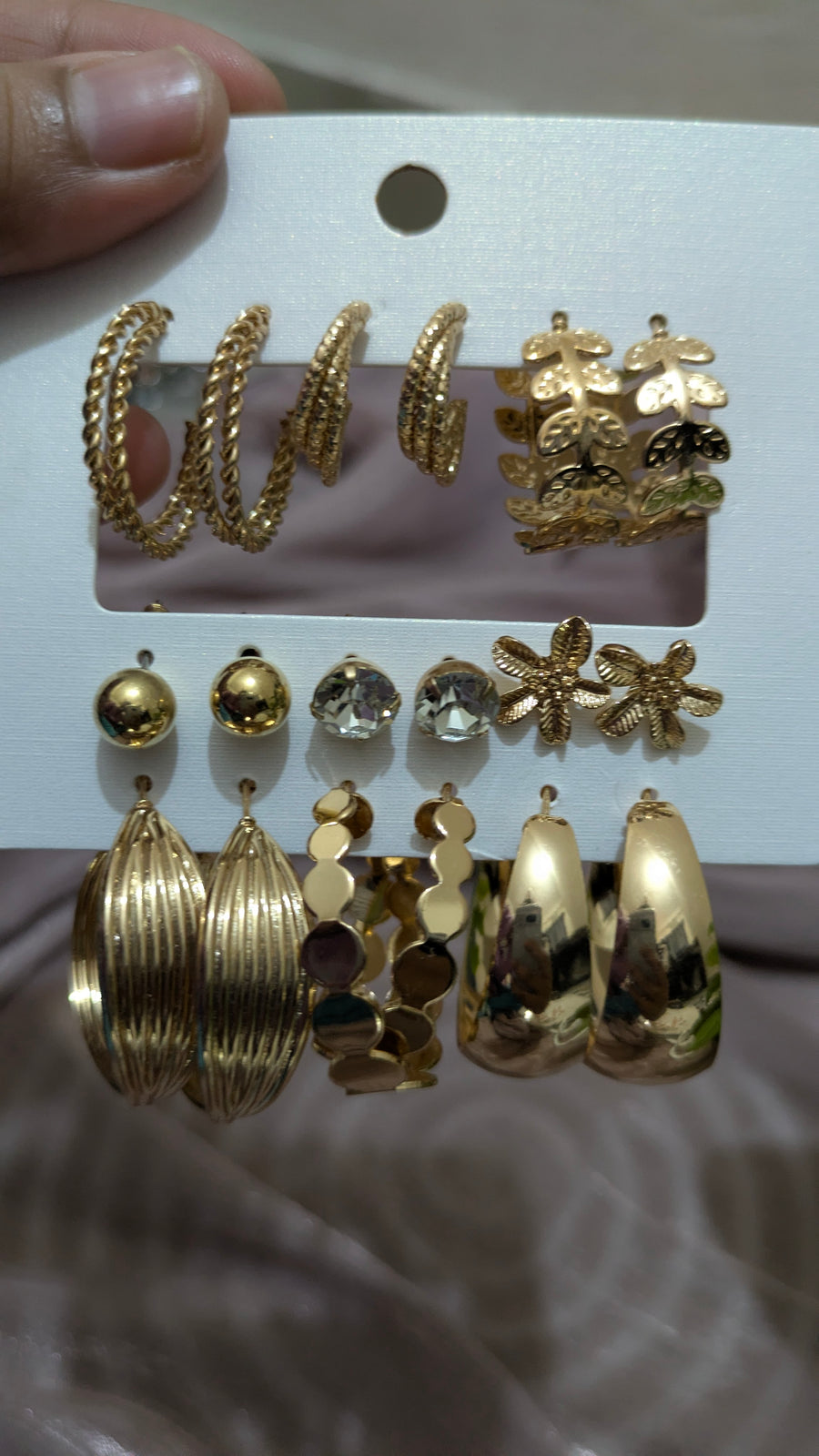 9-Pair Gold Hoop & Stud Earring Set – Vintage Mixed Styles | One Size