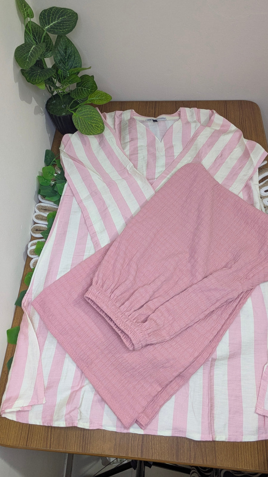 Pink & White Bold Stripe Kurti Plazzo set