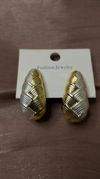 Gold & Silver Woven Texture Half-Hoop Earrings – Chunky Vintage Studs | One Size