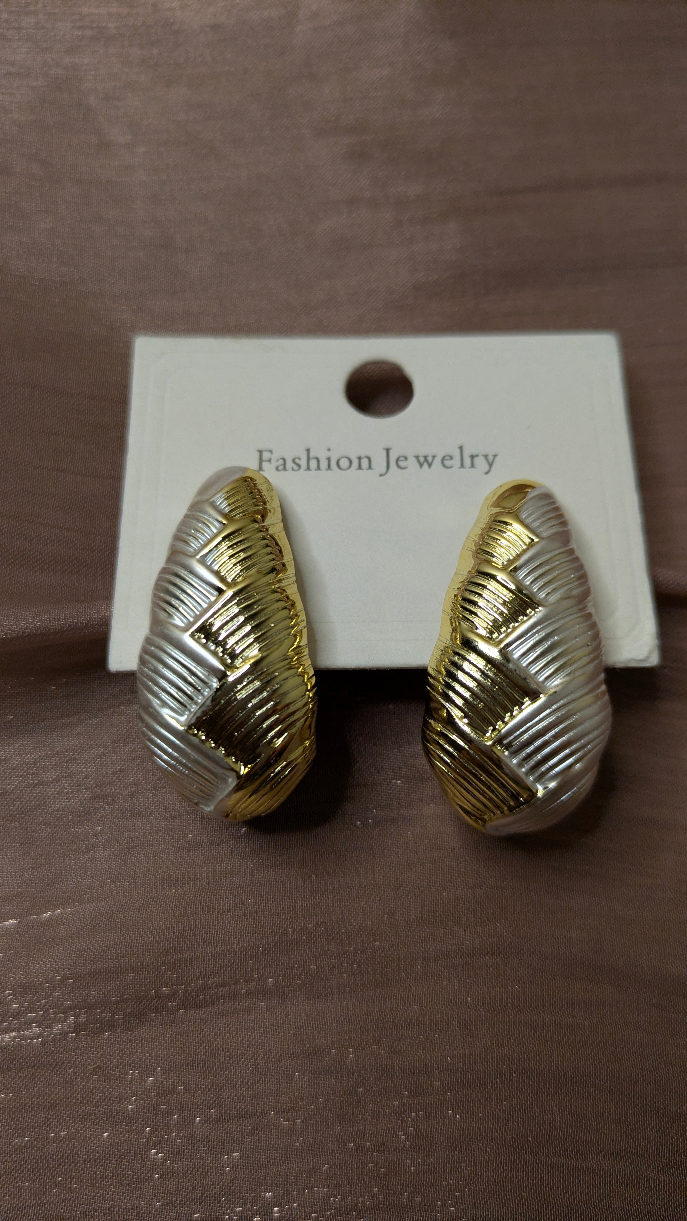 Gold & Silver Woven Texture Half-Hoop Earrings – Chunky Vintage Studs | One Size