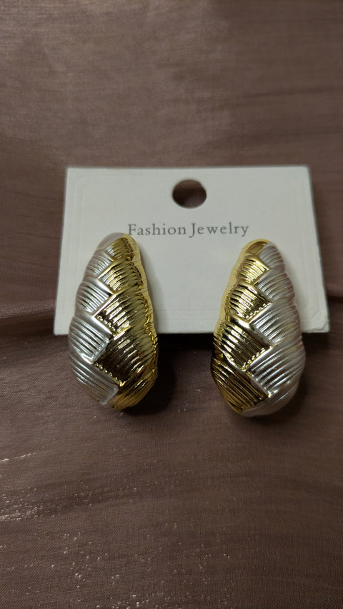 Gold & Silver Woven Texture Half-Hoop Earrings – Chunky Vintage Studs | One Size
