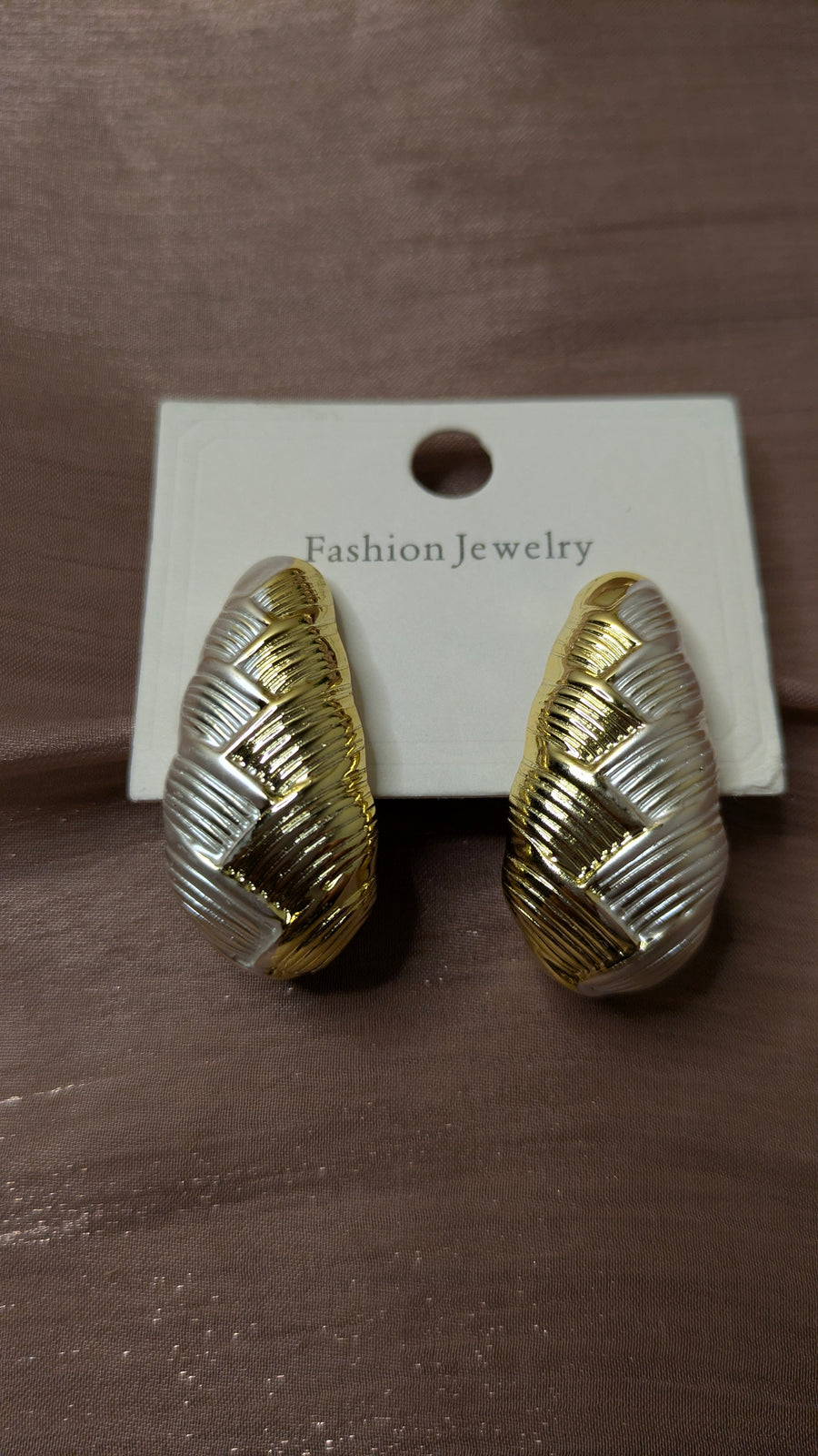 Gold & Silver Woven Texture Half-Hoop Earrings – Chunky Vintage Studs | One Size