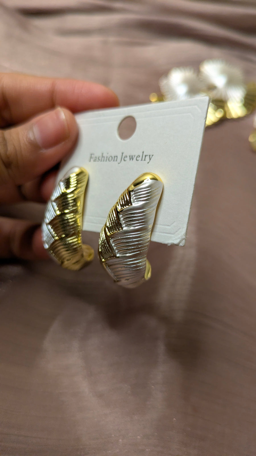 Gold & Silver Woven Texture Half-Hoop Earrings – Chunky Vintage Studs | One Size