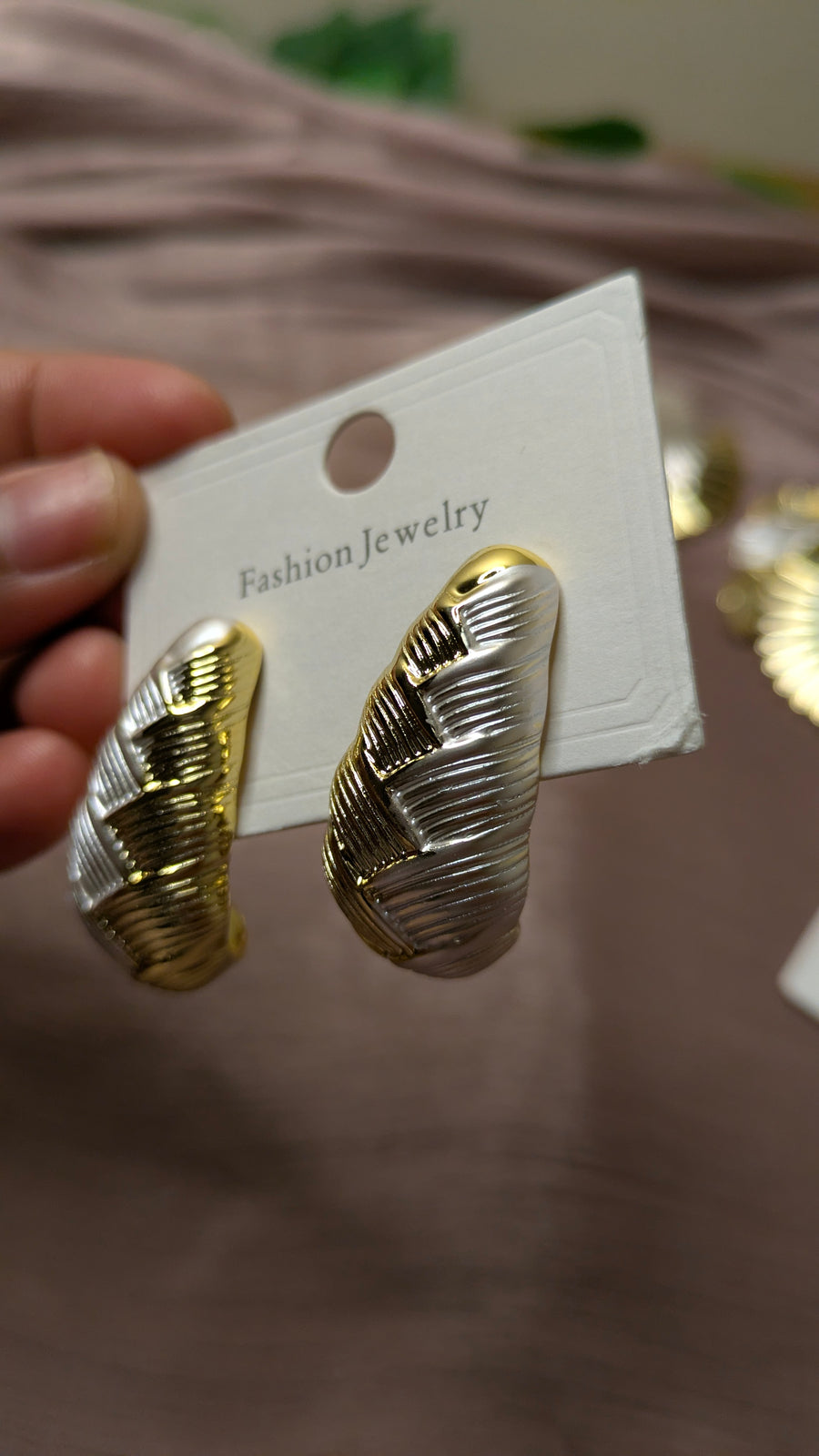 Gold & Silver Woven Texture Half-Hoop Earrings – Chunky Vintage Studs | One Size