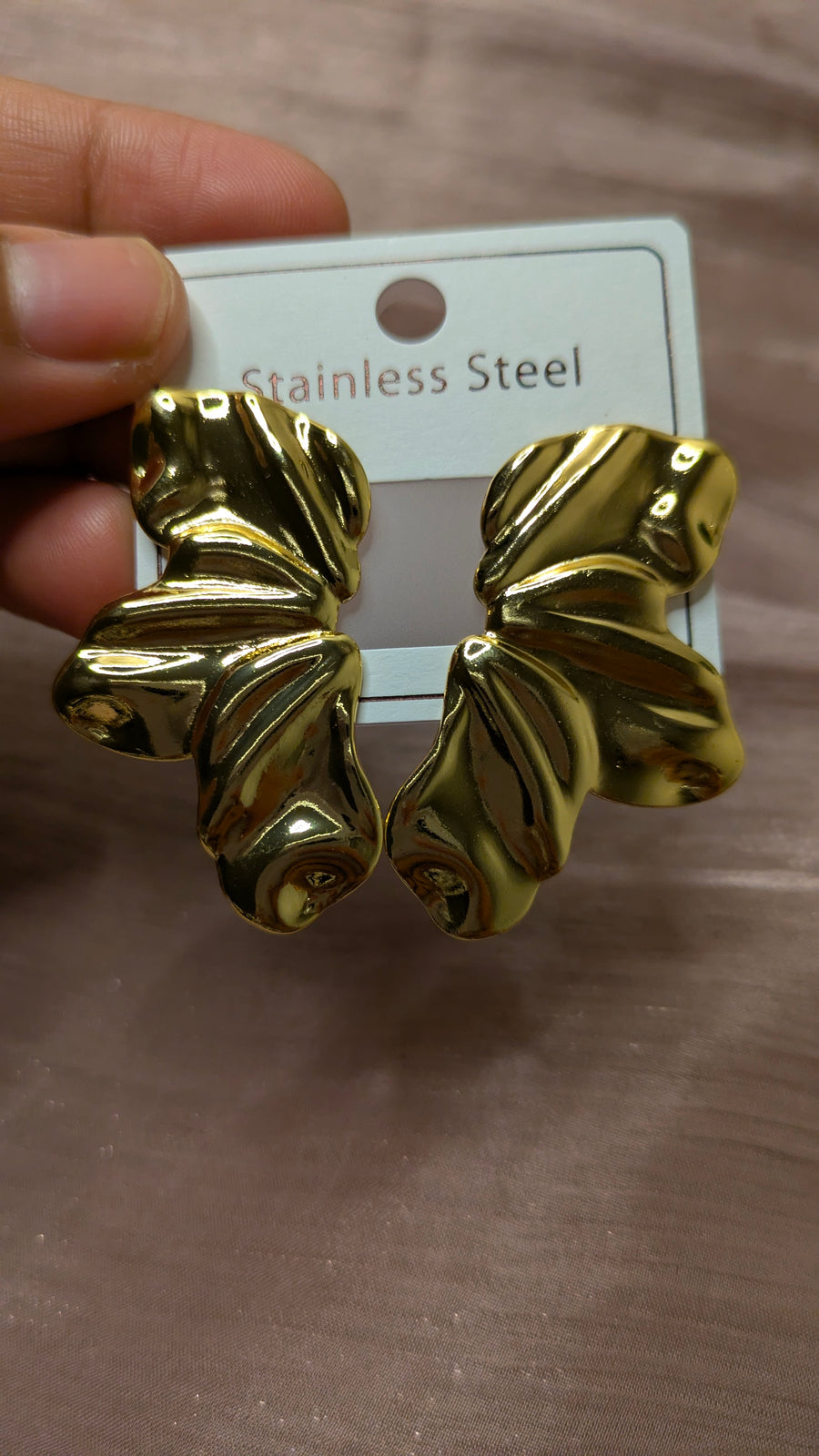 Gold Stainless Steel Crumpled Petal Hoop Earrings – Vintage Statement Studs | One Size