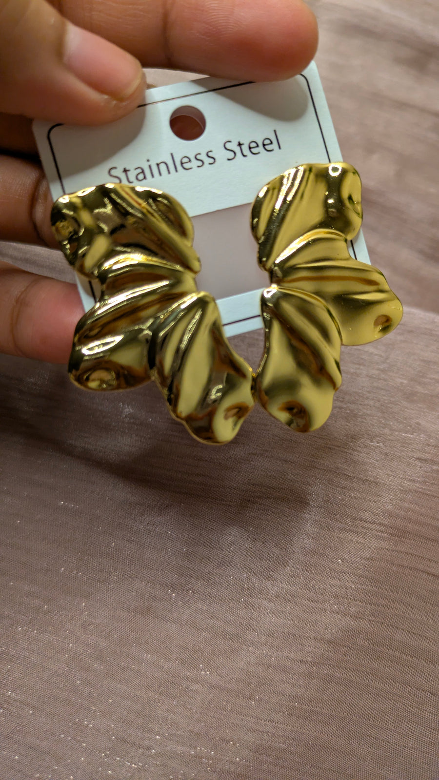 Gold Stainless Steel Crumpled Petal Hoop Earrings – Vintage Statement Studs | One Size