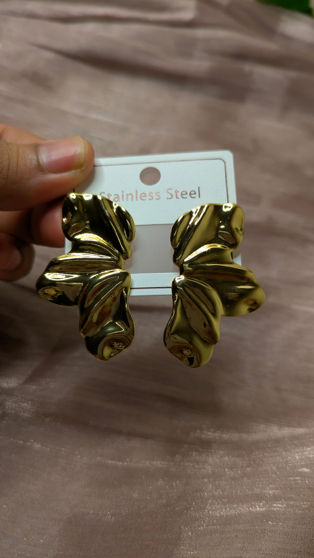 Gold Stainless Steel Crumpled Petal Hoop Earrings – Vintage Statement Studs | One Size