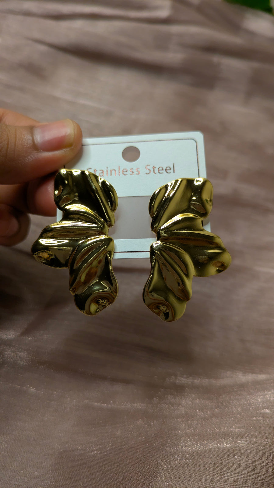 Gold Stainless Steel Crumpled Petal Hoop Earrings – Vintage Statement Studs | One Size