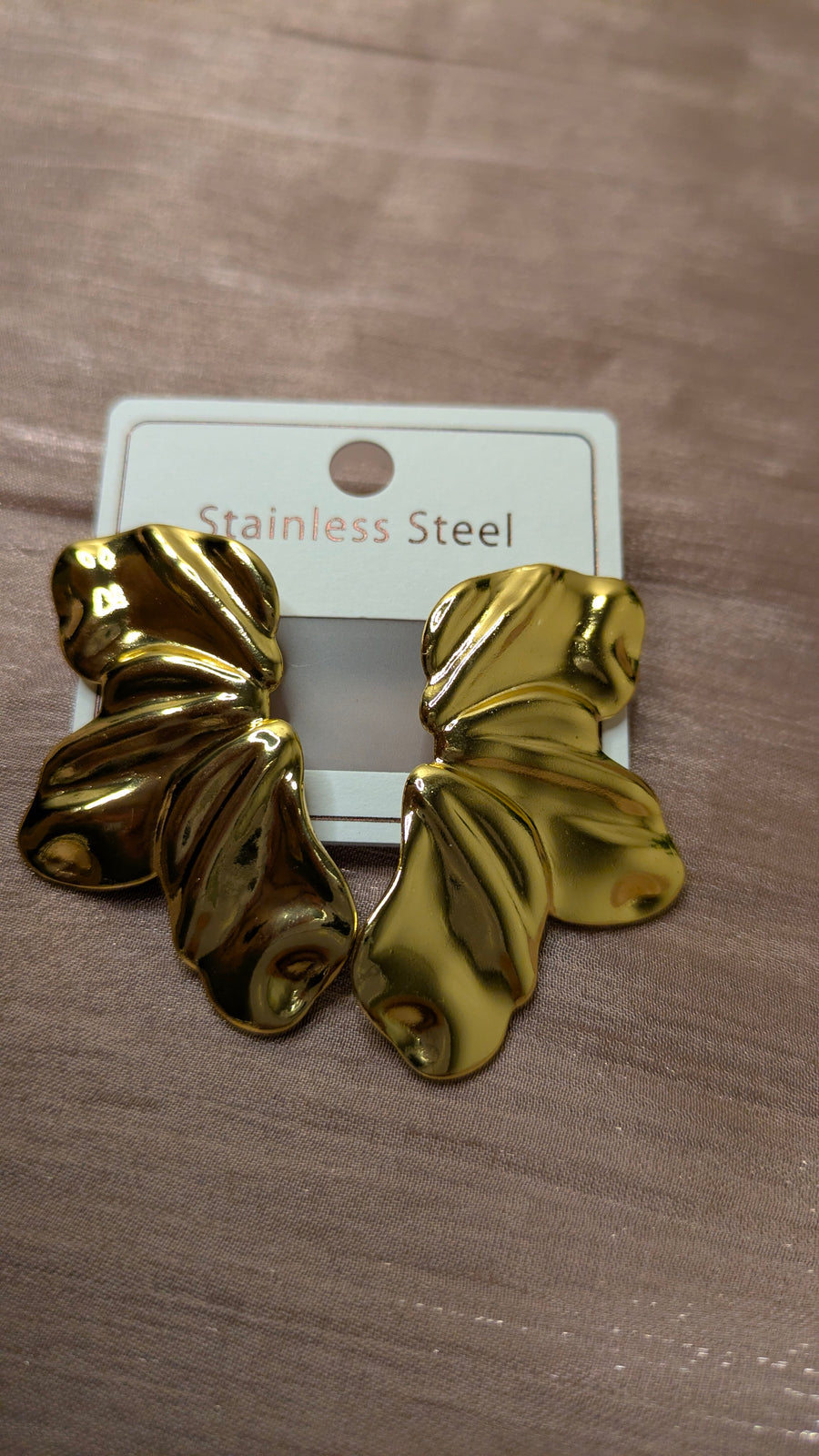 Gold Stainless Steel Crumpled Petal Hoop Earrings – Vintage Statement Studs | One Size