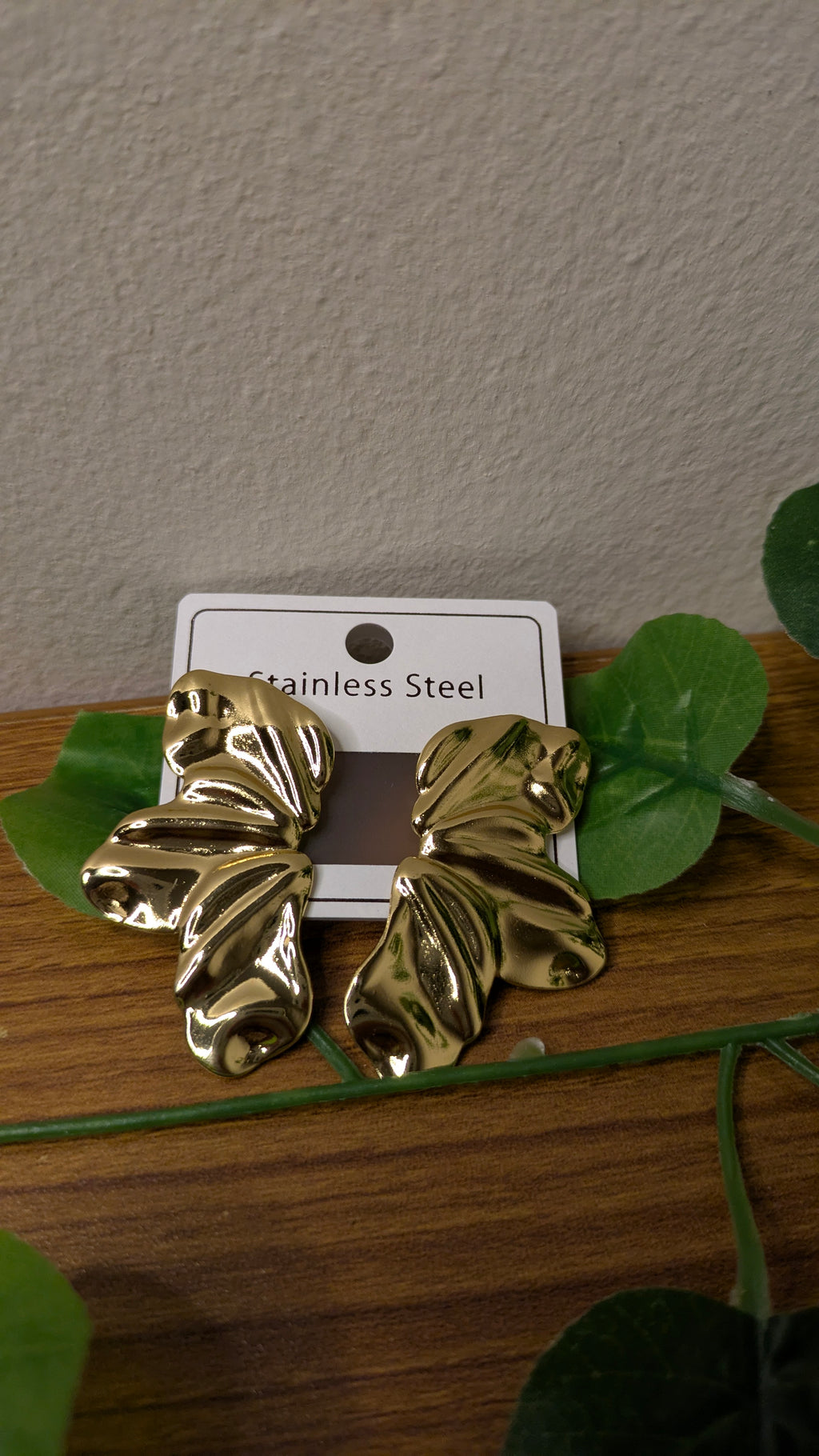 Gold Stainless Steel Crumpled Petal Hoop Earrings – Vintage Statement Studs | One Size