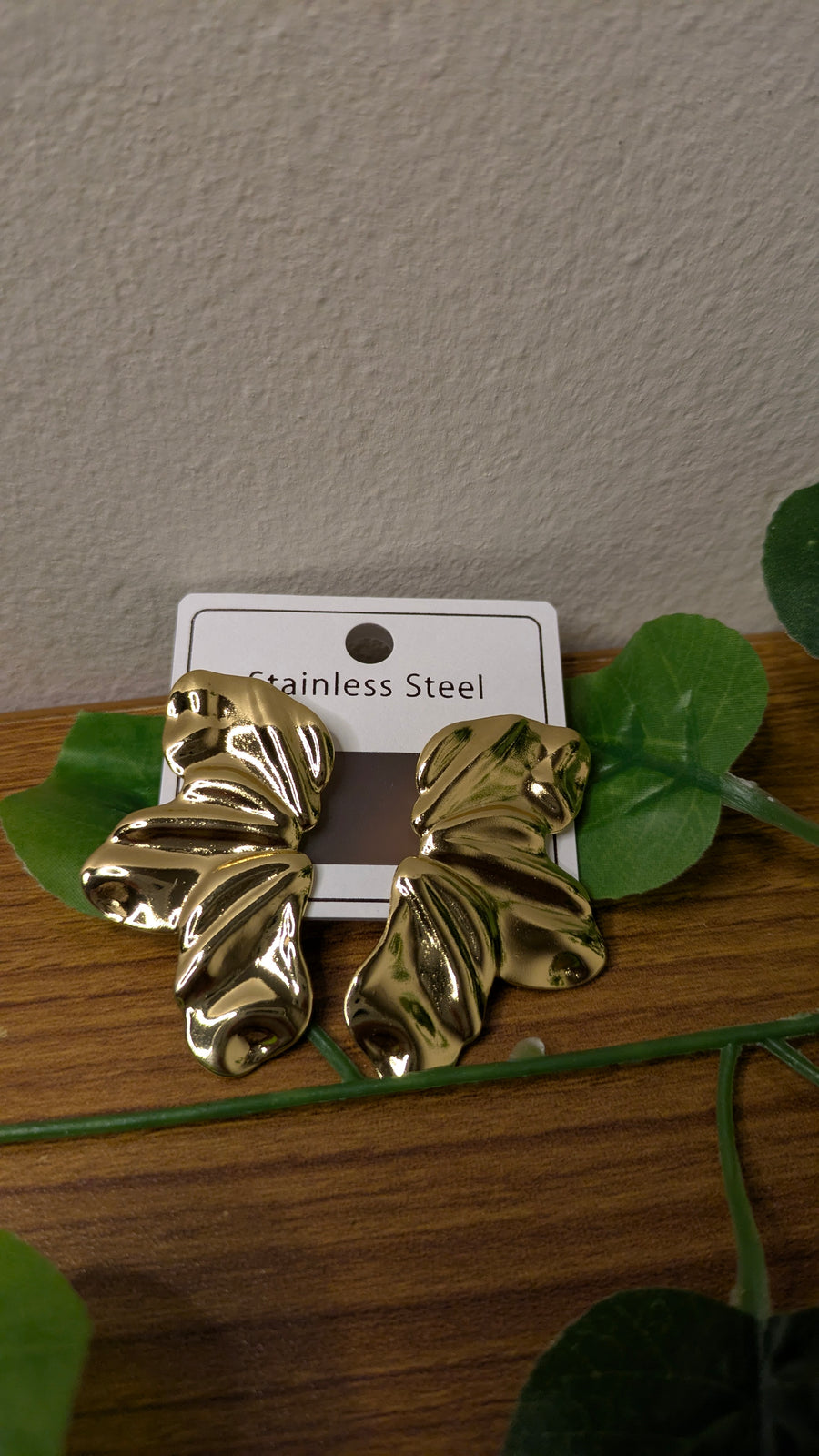 Gold Stainless Steel Crumpled Petal Hoop Earrings – Vintage Statement Studs | One Size