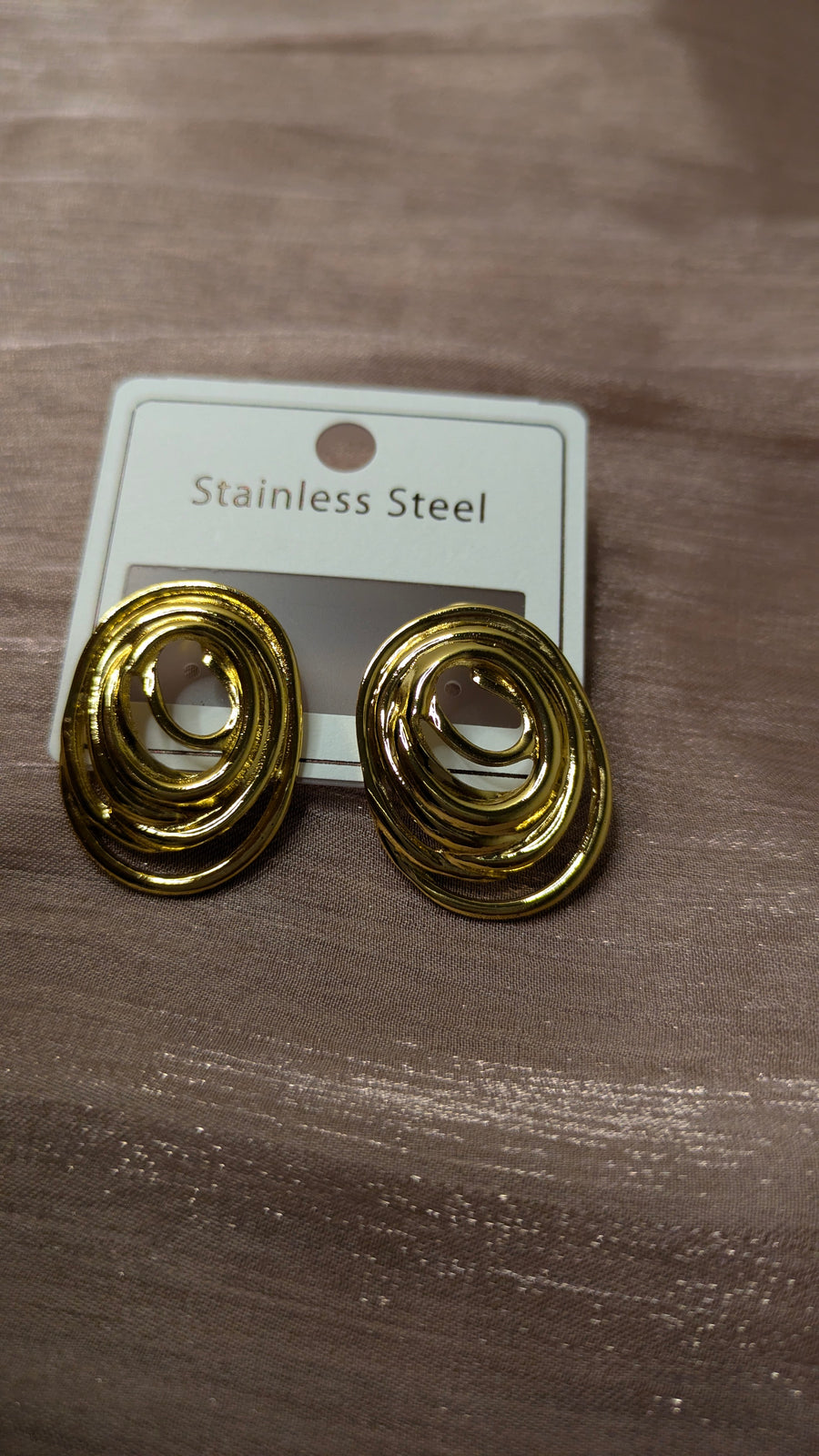Gold Stainless Steel Oval Swirl Stud Earrings – Vintage Chunky Studs | One Size