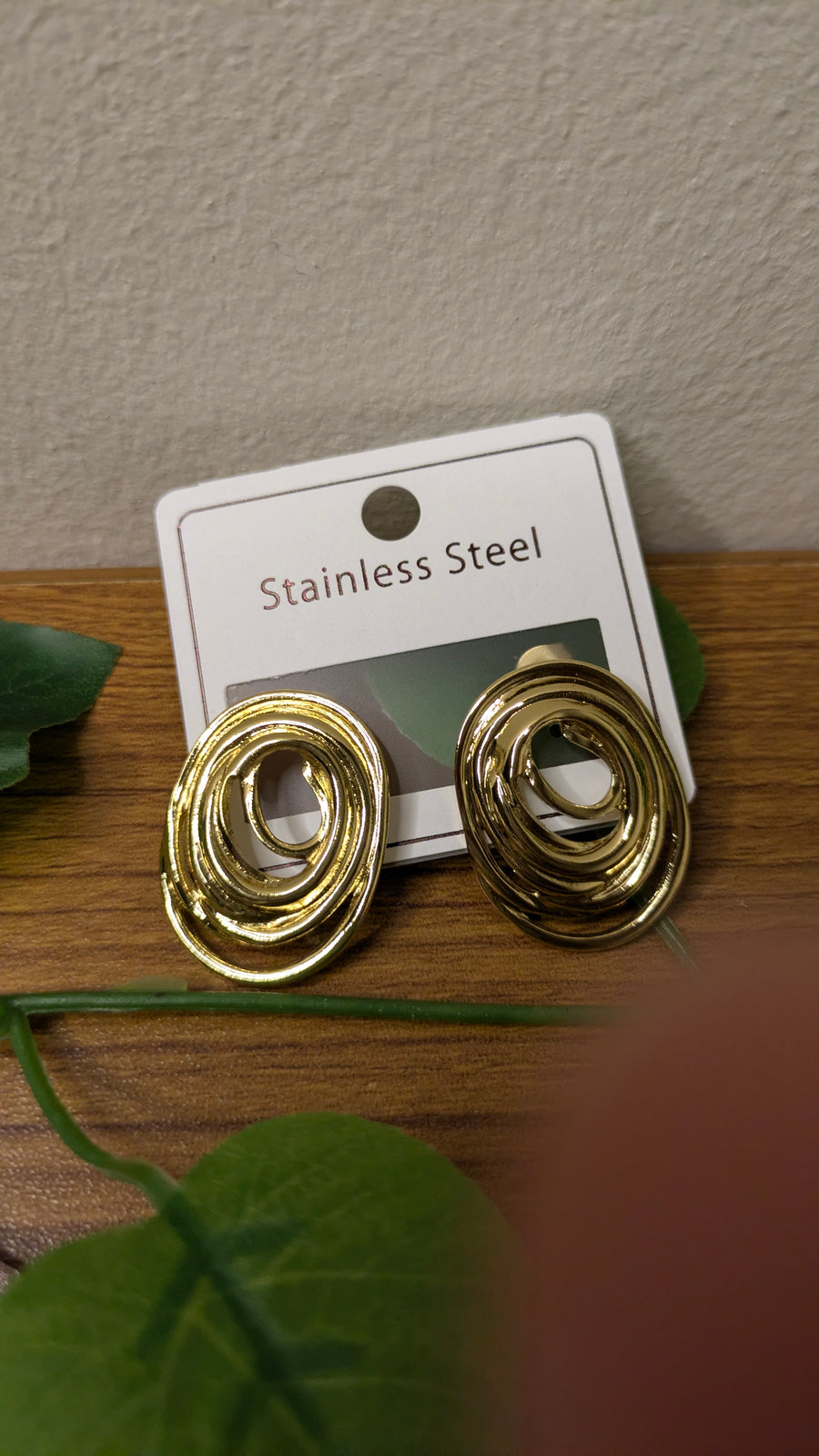 Gold Stainless Steel Oval Swirl Stud Earrings – Vintage Chunky Studs | One Size