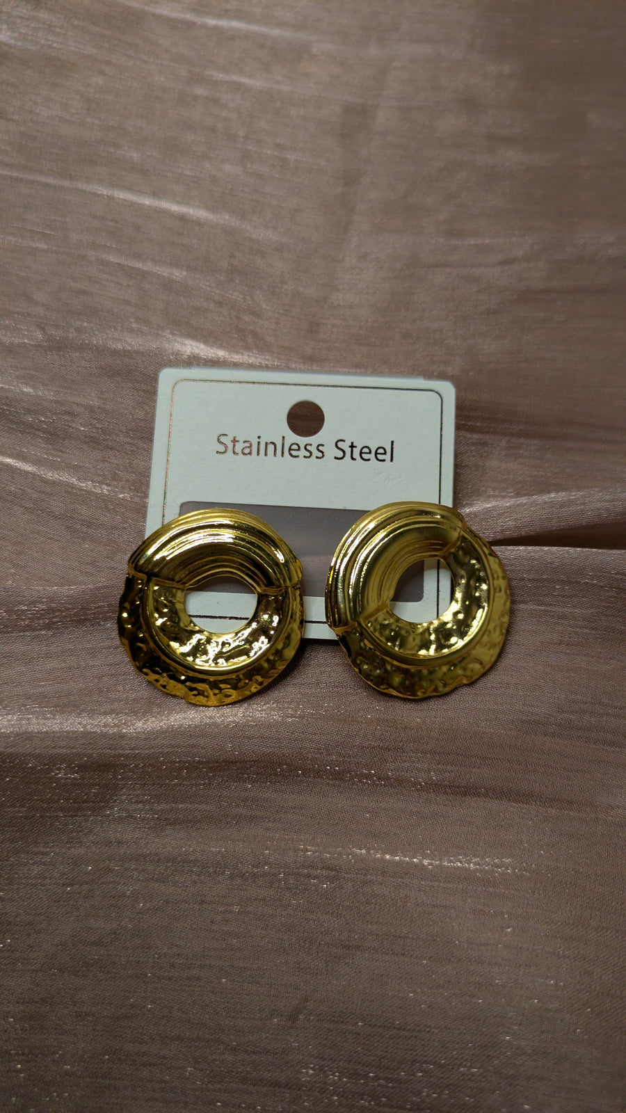 Gold Stainless Steel Hammered Disc Hoop Earrings – Vintage Chunky Studs | One Size