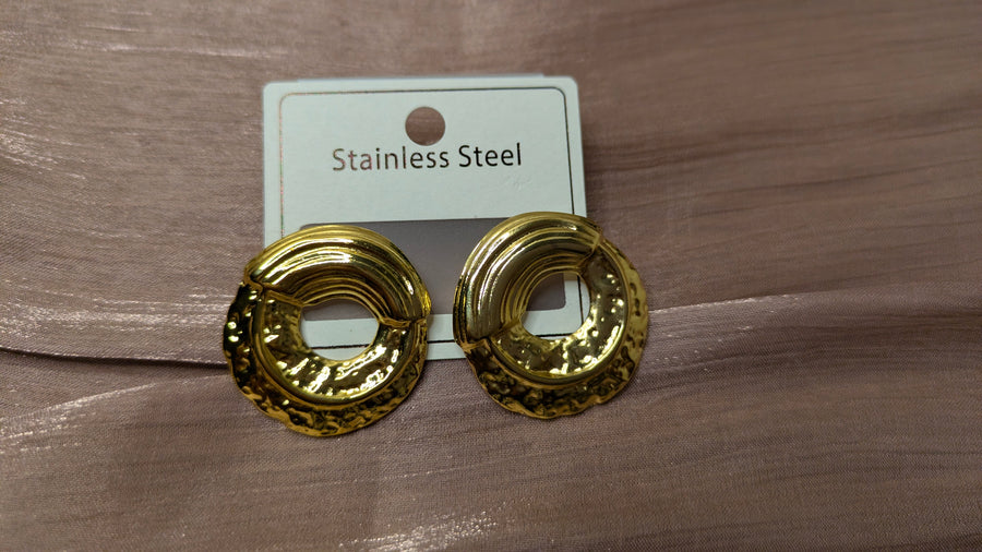 Gold Stainless Steel Hammered Disc Hoop Earrings – Vintage Chunky Studs | One Size