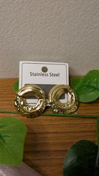 Gold Stainless Steel Hammered Disc Hoop Earrings – Vintage Chunky Studs | One Size