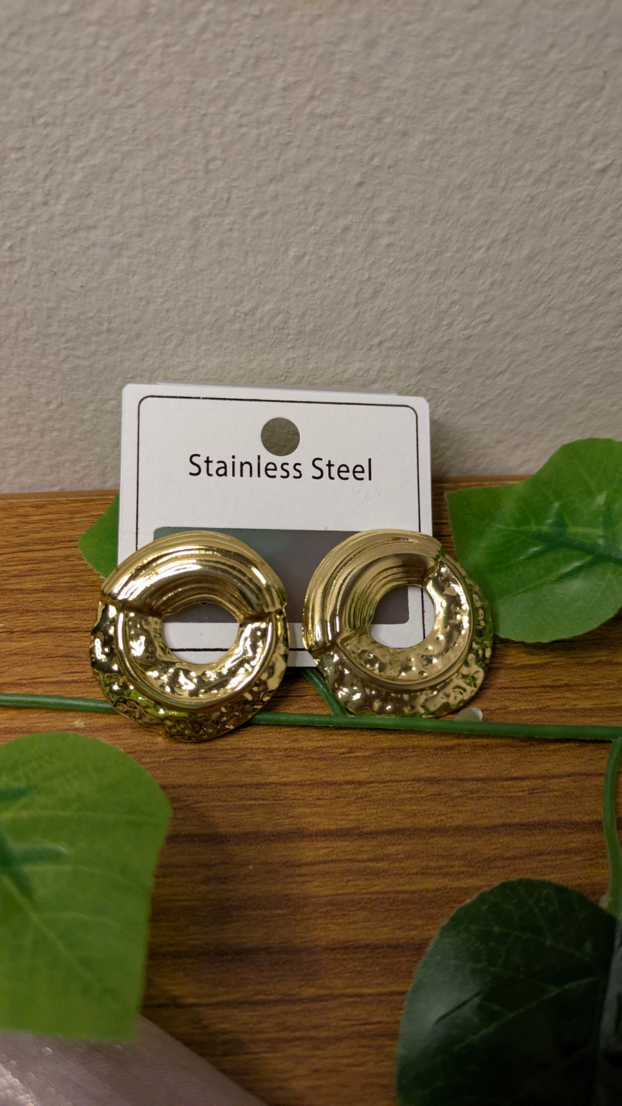 Gold Stainless Steel Hammered Disc Hoop Earrings – Vintage Chunky Studs | One Size
