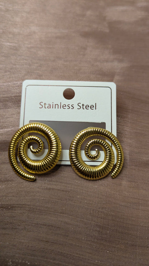 Gold Stainless Steel Spiral Swirl Earrings – Vintage Statement Studs | One Size