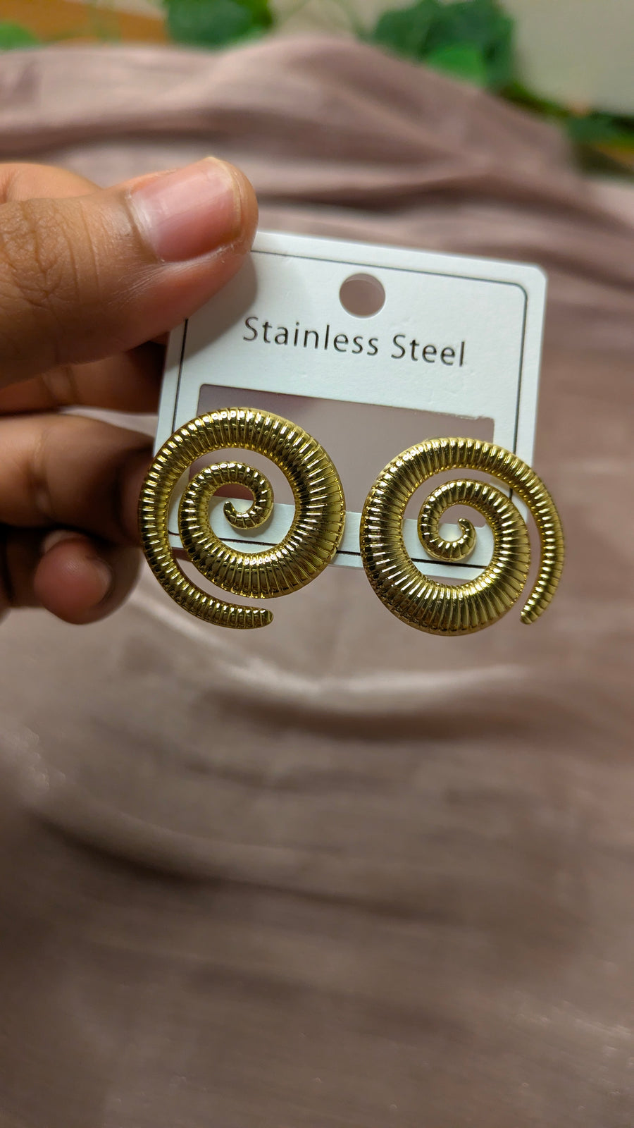 Gold Stainless Steel Spiral Swirl Earrings – Vintage Statement Studs | One Size