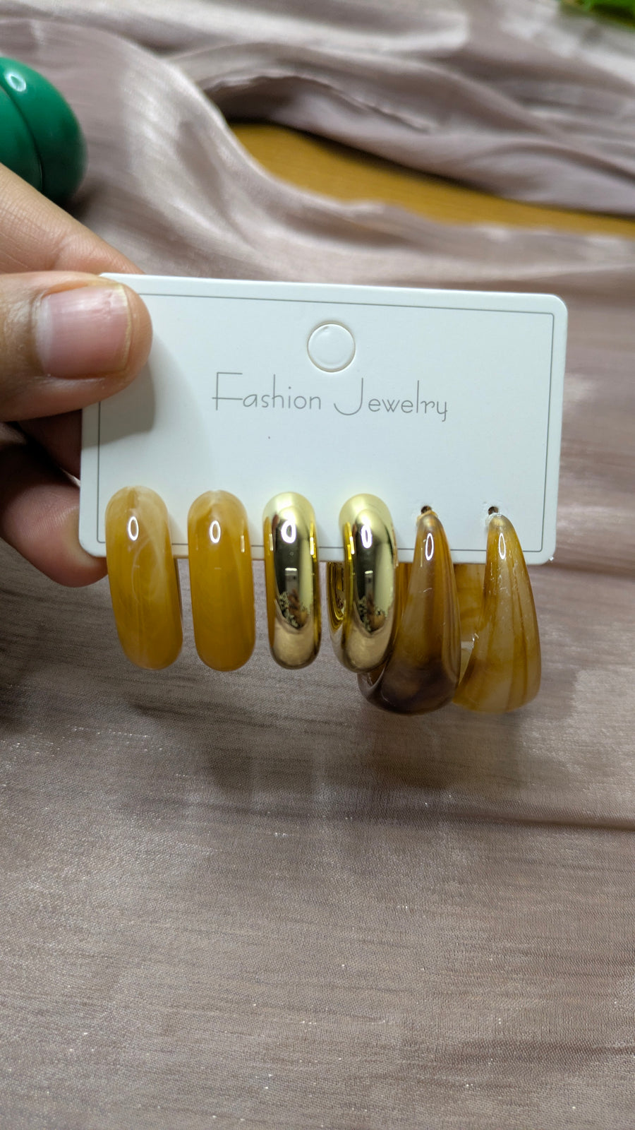 3-Pair Mustard & Gold Chunky Hoop Earring Set – Resin & Metal | One Size