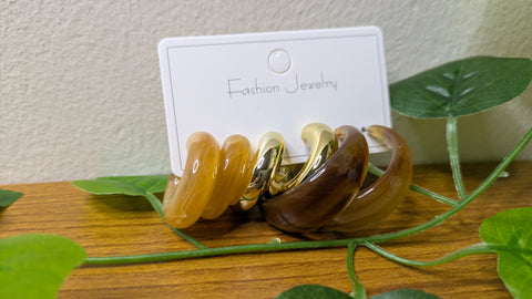 3-Pair Mustard & Gold Chunky Hoop Earring Set – Resin & Metal | One Size