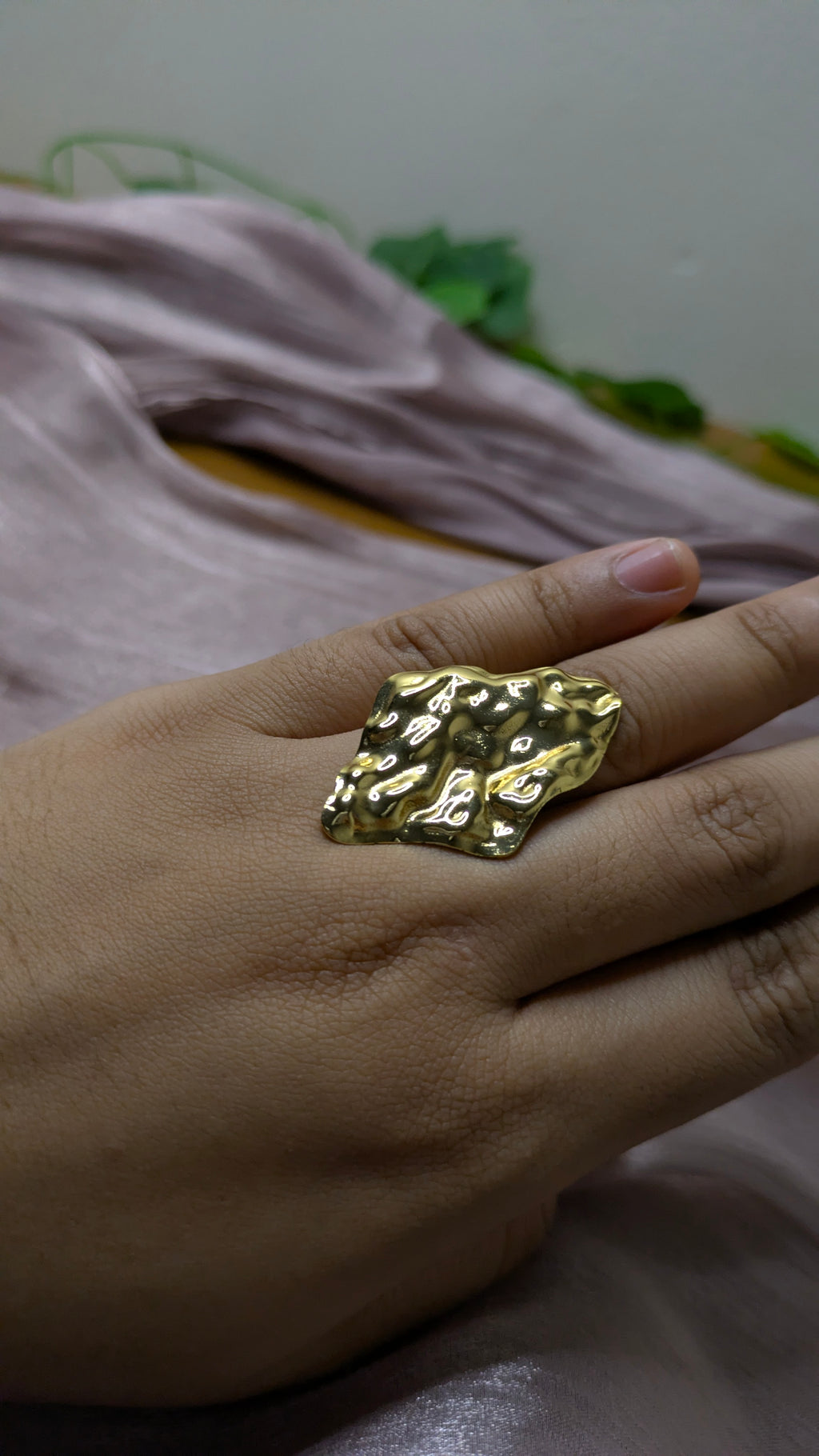 Gold Hammered Molten Lava Statement Ring – Oversized Cocktail Ring | One Size