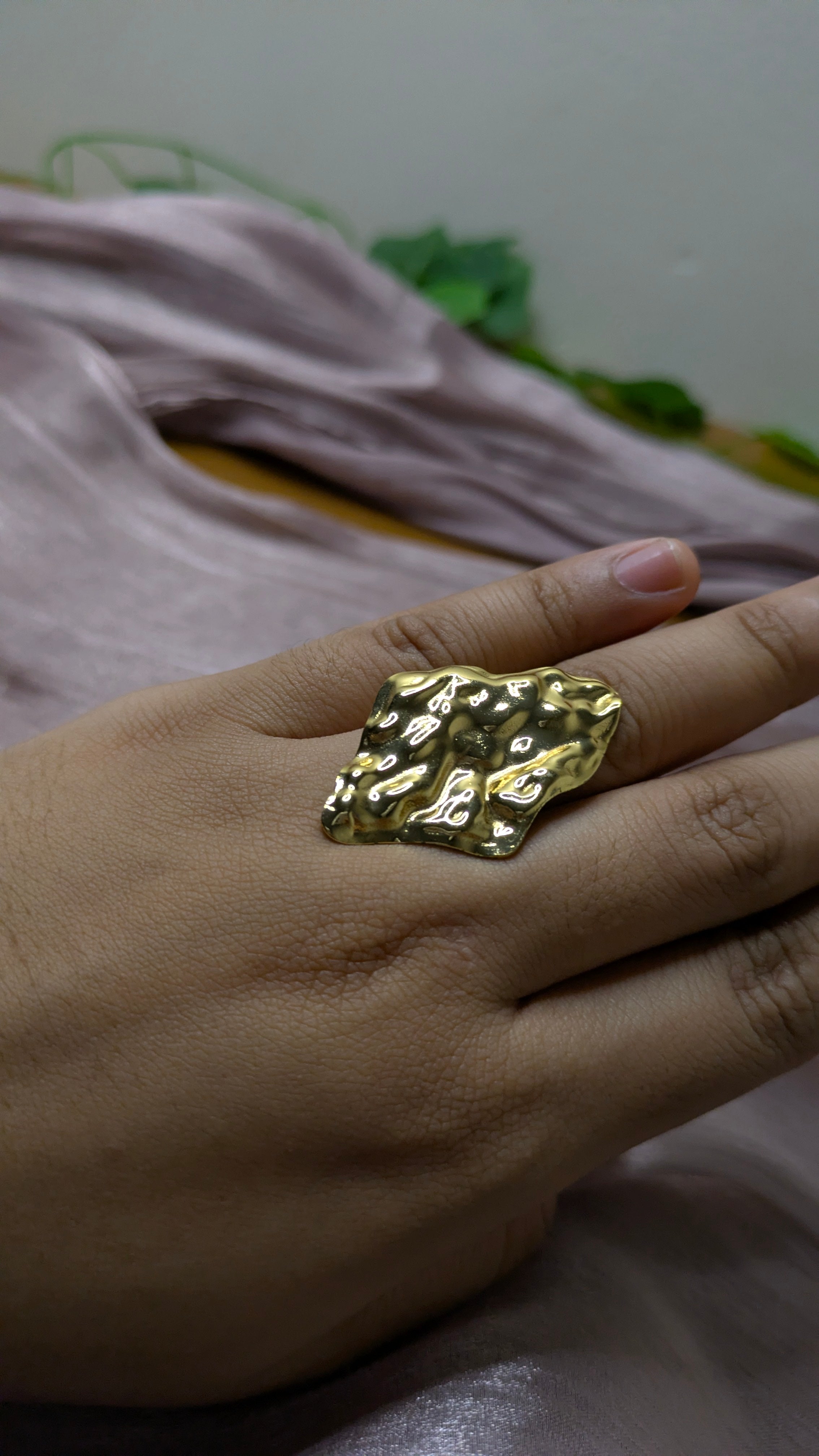 Gold Hammered Molten Lava Statement Ring – Oversized Cocktail Ring | One Size