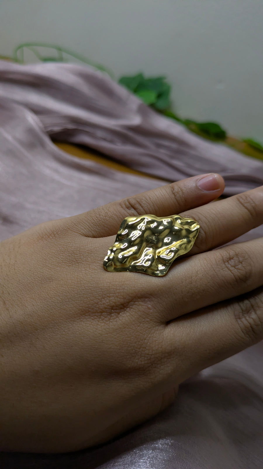 Gold Hammered Molten Lava Statement Ring – Oversized Cocktail Ring | One Size
