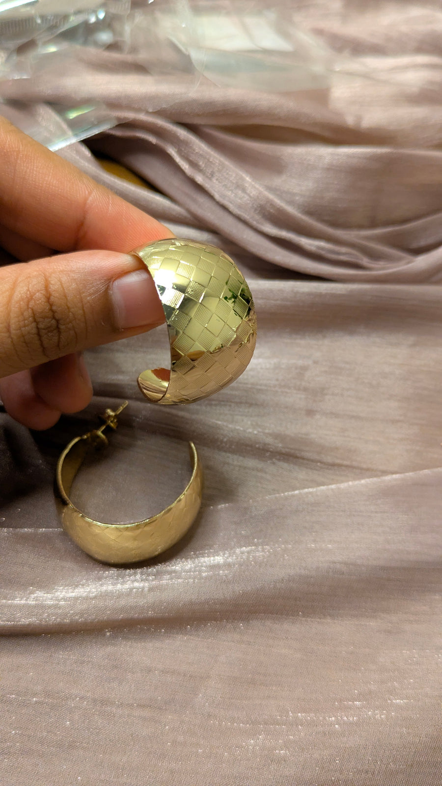 Gold Wide Crosshatch Engraved Hoop Earrings – Chunky Vintage Statement | One Size