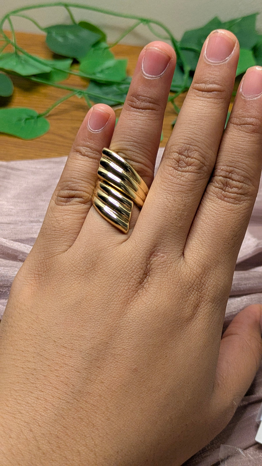 Gold Ribbed Wing Wrap Ring – Sculptural Feather Statement | One Size