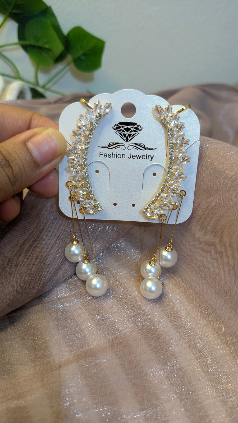 Crystal Leaf Ear Climber Earrings with Pearl Drops – Bridal Statement Jewelry | One Size